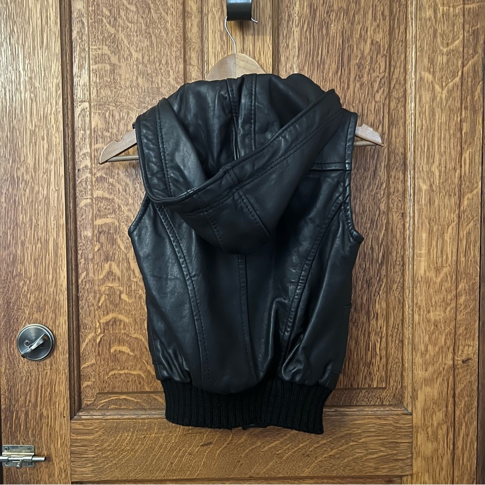 Barney’s New York CO-OP Leather Black Vest XS Hooded Zip Up Biker Moto Punk - Picture 8 of 12